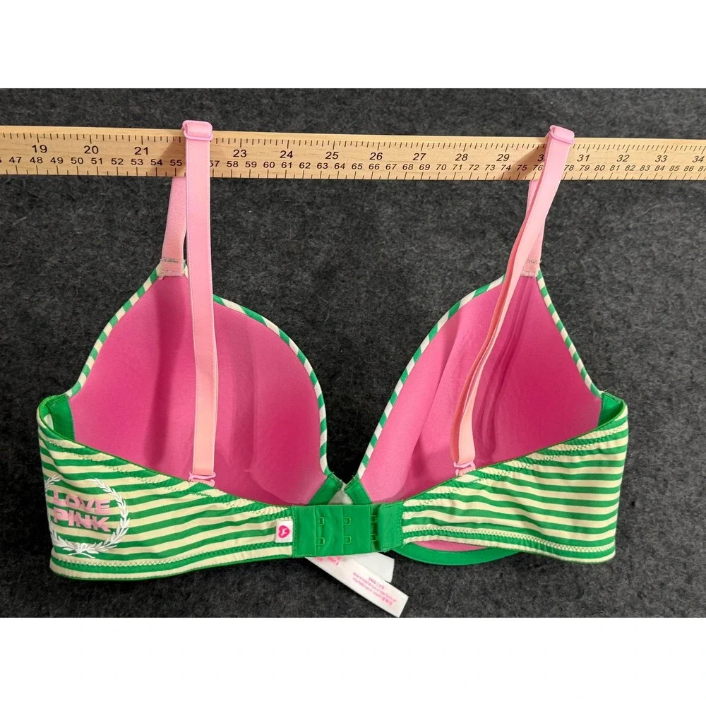 Victoria's Secret PINK T-Shirt Bra Women 34DD Green Striped Great Condition